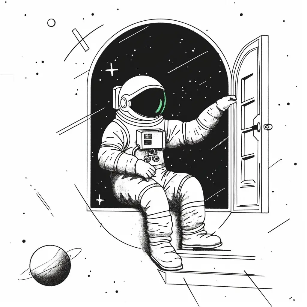 Un astronaute assis sur le bord d'une fenêtre et qui regarde l'espace