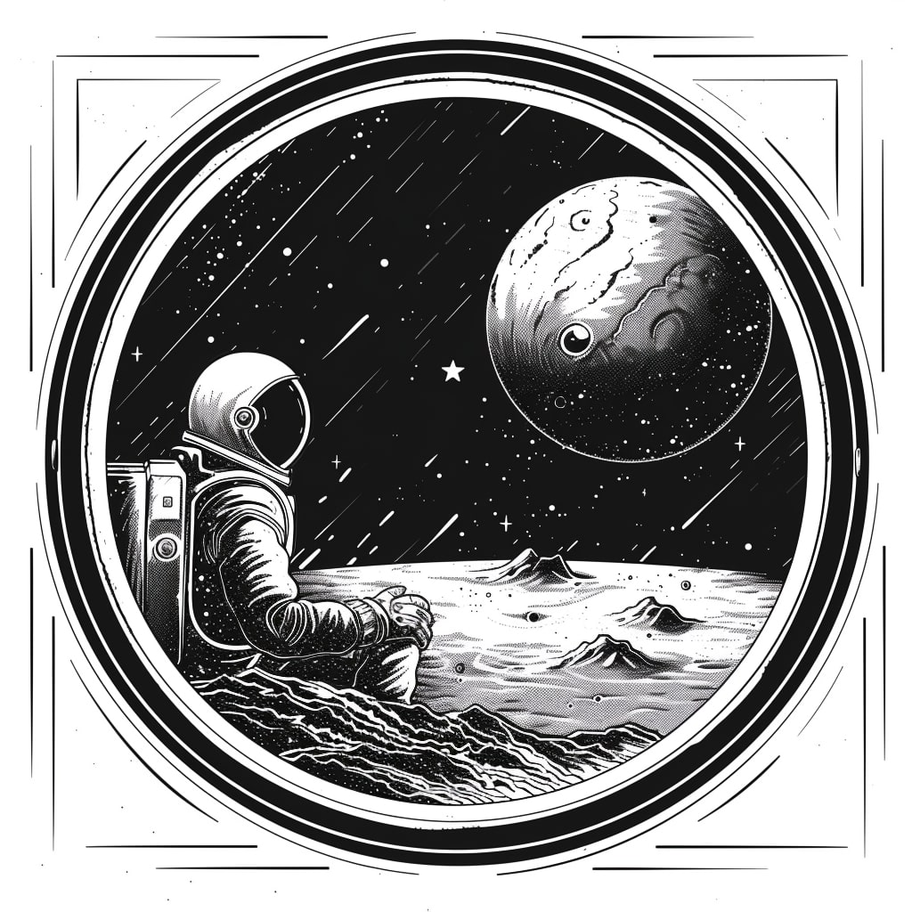 Un astronaute assis au bord d'un hublot et qui regarde l'espace
